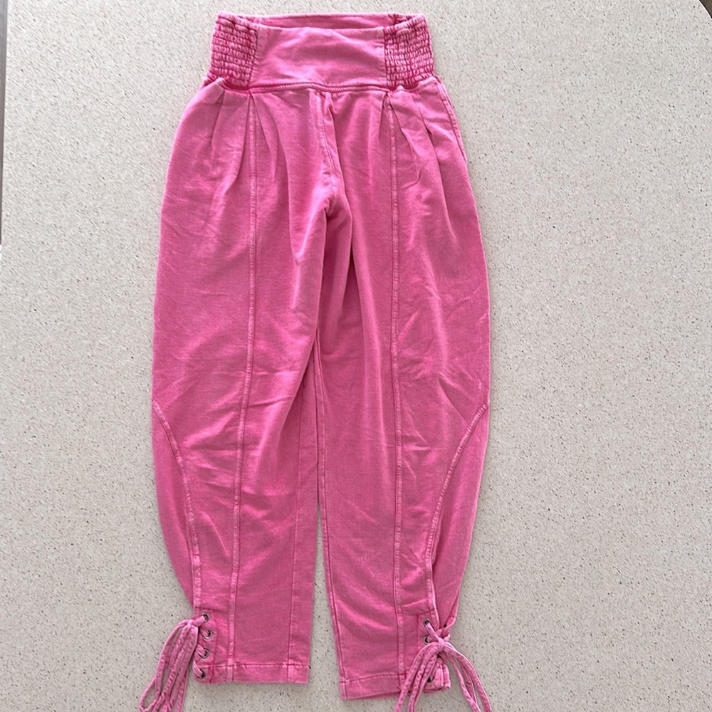 FREE PEOPLE đź’• High Waist Pink Cotton Jogger Beach Pants with Ankle Ties Women XS - Picture 9 of 15